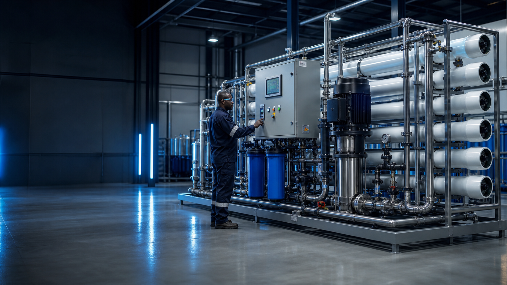 Engineer commissioning a large stainless-steel industrial reverse osmosis plant