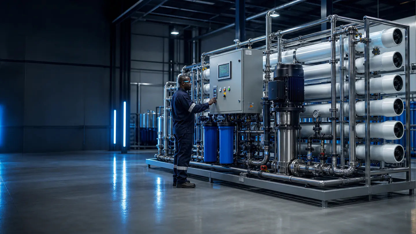 Engineer commissioning a large stainless-steel industrial reverse osmosis plant